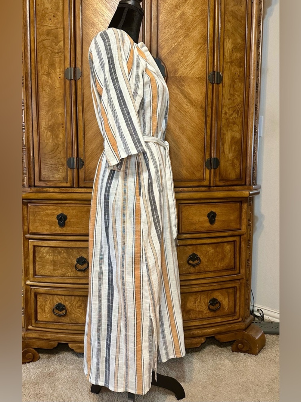 Maisie Resort Midi Dress Medium Stripe Cotton Pockets Belted Side Slit - Picture 6 of 11